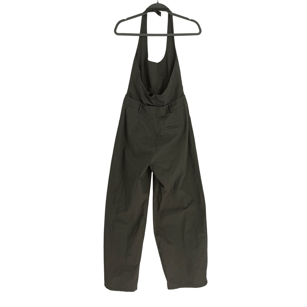 Zara Olive Green Halter Wide Leg Jumpsuit Pleated Front Cotton Small - Picture 4 of 9